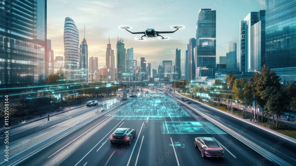 Naklejka premium A futuristic cityscape featuring a drone monitoring smart traffic on a busy road.