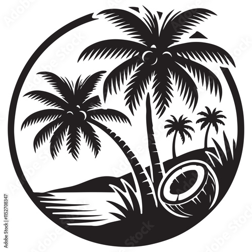 Coconut Silhouette Vector Illustration, Solid White Background.