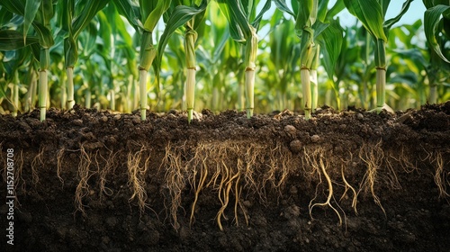 Corn plants growing in rich soil, roots visible.