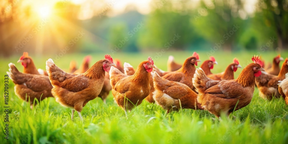 Fototapeta premium Chickens pecking at grain in a lush green farm field , landscape, rustic, landscape, rustic, chickens, free range