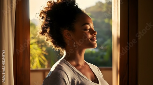 Serene woman breathes deeply by window, sunlit skin, curly hair.  Peaceful morning mood.