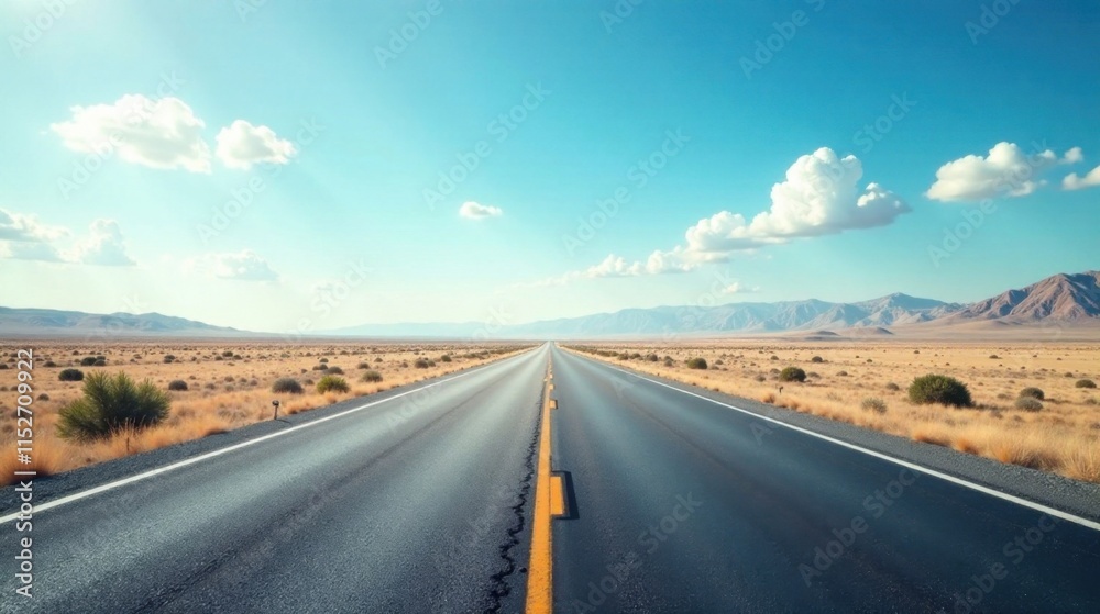 Asphalt ribbon stretching towards distant mountains under a bright summer sky, promising adventure and freedom on an open road journey Asphalt ribbon stretching towards distant mountains under a bright summer sky, promising adventure and freedom on an open road journey