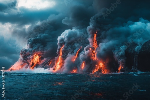 Fiery volcanic eruption lava flowing into ocean, dark smoke clouds.