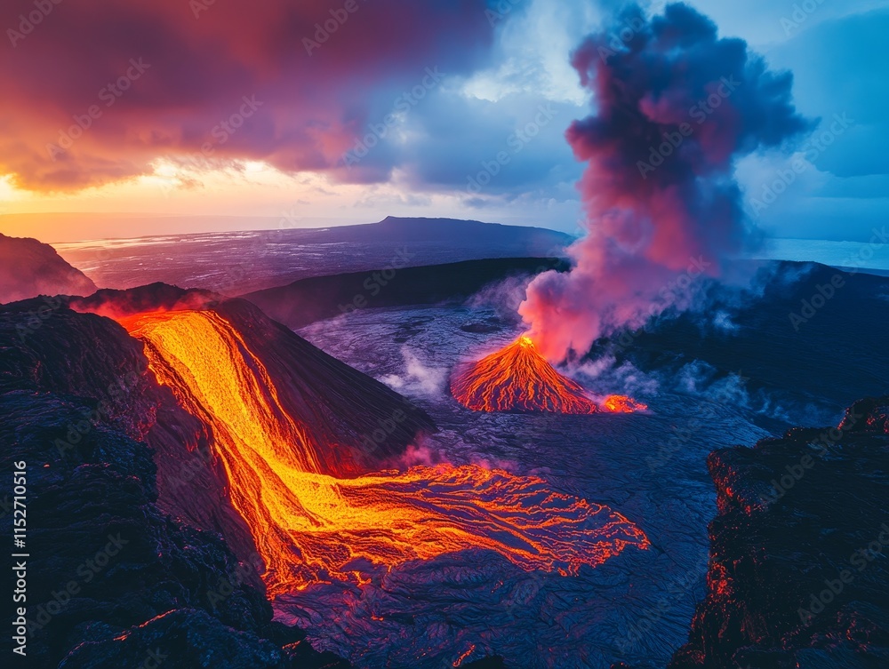 Fototapeta premium Volcanic eruption at sunset, lava flowing down the side of a volcano with smoke and ash billowing into the sky.