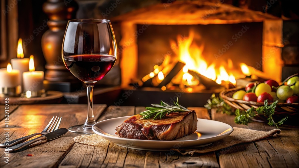 A romantic dinner setting with a grilled steak and a glass of red wine on a wooden table in a cozy room, candlelight, fine dining A romantic dinner setting with a grilled steak and a glass of red wine on a wooden table in a cozy room, candlelight, fine dining