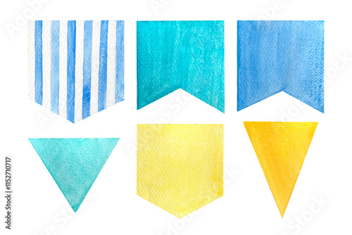 Flag garland set isolated on white. High quality hand-drawn watercolor illustration blue and yellow, teal, striped for stationary, baby shower, cards, birthday celebrations, stickers, packages design