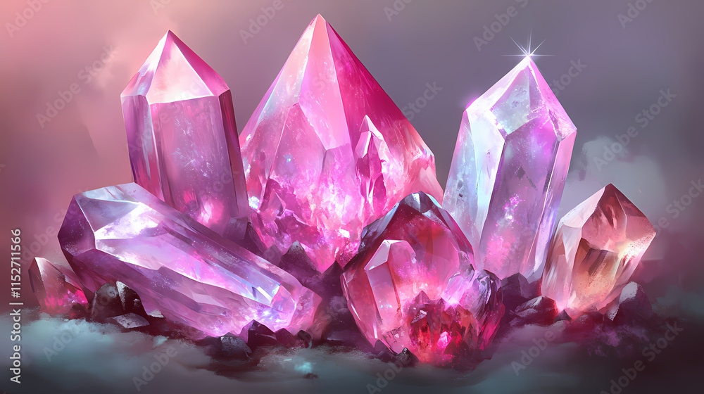 Gemstones crystal minerals on mysterious nature background gems fluorite pink and clear quartz magic rock for crystal ritual witchcraft spiritual practice. Quartz. Illustration Gemstones crystal minerals on mysterious nature background gems fluorite pink and clear quartz magic rock for crystal ritual witchcraft spiritual practice. Quartz. Illustration