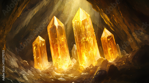 Golden quartz crystals in a cave shinning from natural sun light. Quartz. Illustration photo