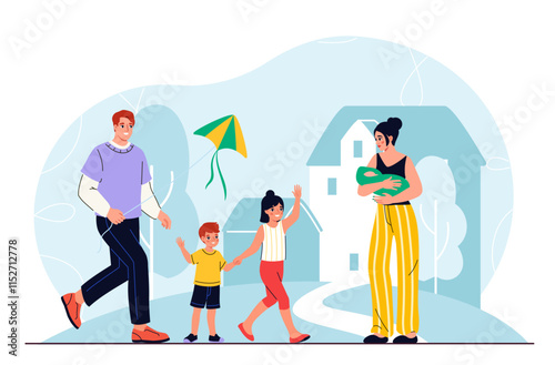 Happy family concept. Cheerful man and woman with children. Brother and sister playing with kite outside. Mother, father and daughter with son. Good family relationships. Flat vector illustration