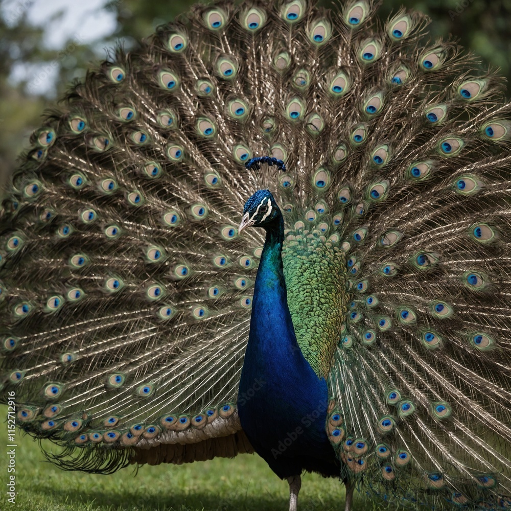 Obraz premium An elegant peacock with its tail fully fanned, isolated on a transparent background.