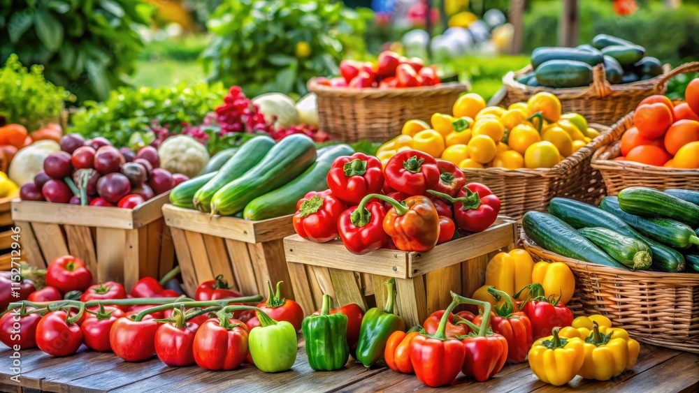 A farmer's stand showcasing an assortment of vibrant produce including bell peppers, zucchini, cucumbers A farmer's stand showcasing an assortment of vibrant produce including bell peppers, zucchini, cucumbers