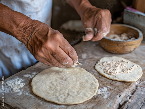 Close-up of hands preparing traditional food, mixing flour in a rustic wooden bowl with other ingredients around, evoking a cozy, cultural cooking scene. photo