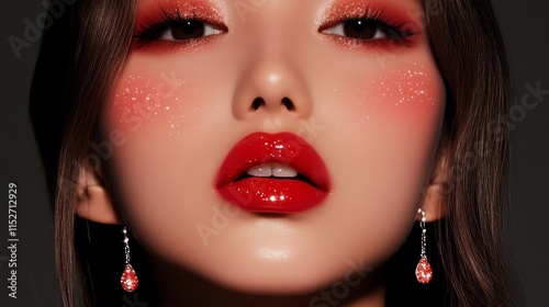 Close-up of sparkling, shiny, healthy lips with copy space. photo