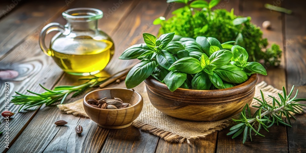 A cluster of fresh basil leaves on a wooden table surrounded by a few sprigs of rosemary and thyme, with a small bowl of olive oil in the center, kitchen, thyme A cluster of fresh basil leaves on a wooden table surrounded by a few sprigs of rosemary and thyme, with a small bowl of olive oil in the center, kitchen, thyme