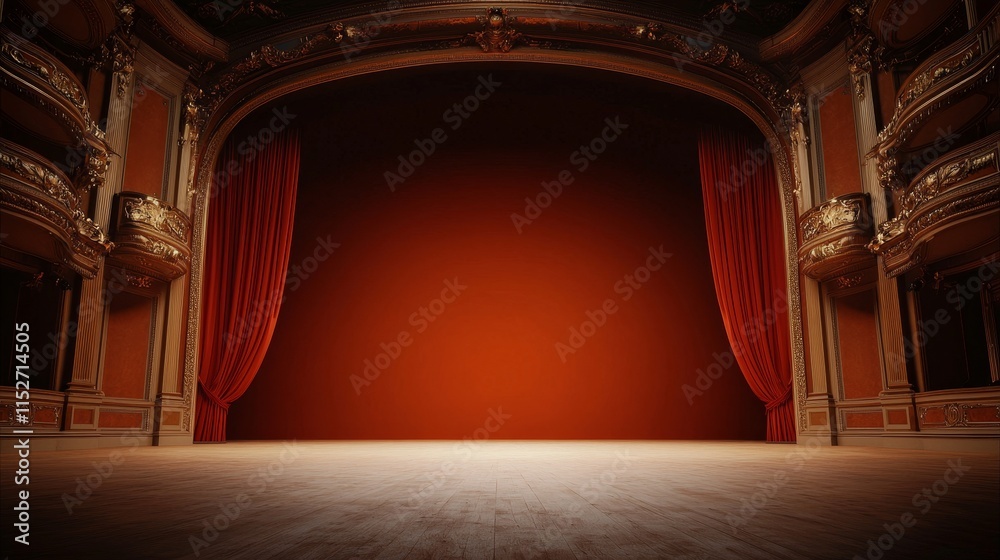 Fototapeta premium A grand theater stage with rich red curtains, showcasing an elegant interior and warm lighting, ready for a performance.