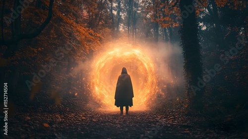 A person wearing a cloak standing in front of a mystical portal opening in the woods