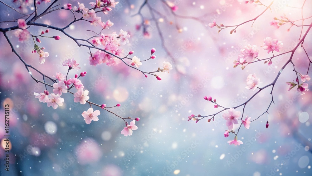 Obraz premium Soft pink sakura petals scattered on a serene winter background with gentle snowflakes and bare branches, pink sakura petals, peaceful scene