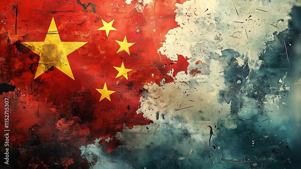 Tattered Chinese flag  with the stars still intact waving in the breeze evoking a sense of overcoming obstacles and staying strong as a nation.