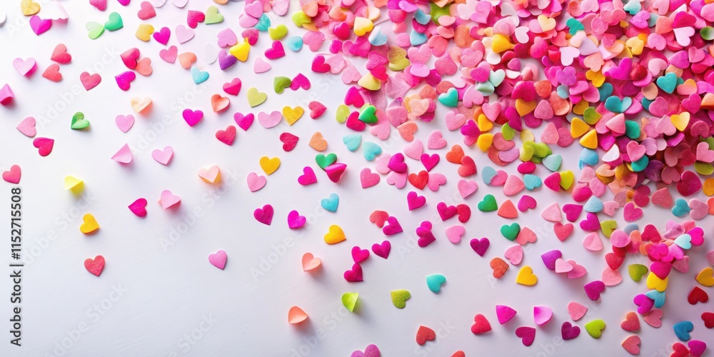Colorful confetti with pink heart shapes scattered on a white background, creating a festive atmosphere Colorful confetti with pink heart shapes scattered on a white background, creating a festive atmosphere