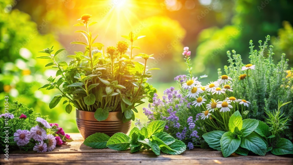 Fresh herbs with fragrant leaves and flowers in a garden on a sunny day, fragrance, garden,  fragrance, garden, nature
