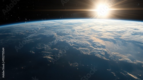 A low-Earth orbit scene showing thousands of particles of space debris floating in space, with curvature glowing under sunlight in the background.