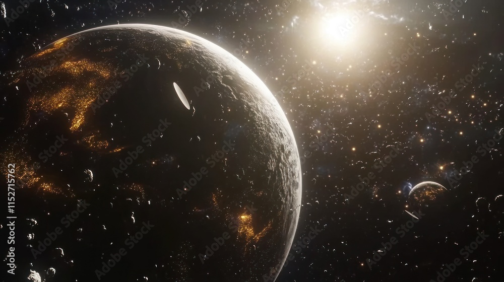 Obraz premium A realistic, high-detail render of Earth surrounded by an orbit of space junk, including old satellites, spacecraft remains, and small reflective particles glowing faintly in sunlight