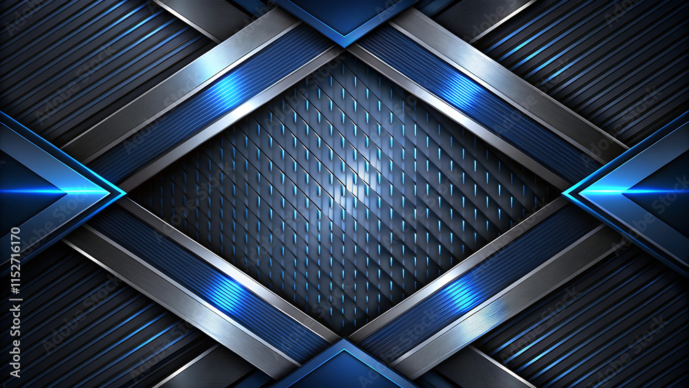 Obraz premium Futuristic abstract background with metallic grid and blue light patterns