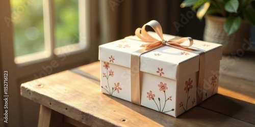 A delicately floral-designed gift box, tied with a ribbon, sits on a sunlit wooden surface near a window.