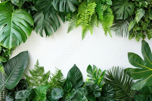 Lush green tropical leaves frame on white. (5) photo