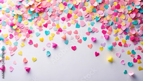 Colorful confetti overlay with pink paper hearts scattered on a white background, creating a festive and celebratory atmosphere in a modern setting , party decorations, holiday decor