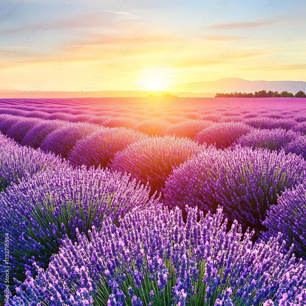Obraz premium Serene Lavender Fields Under a Vibrant Sunrise in the Countryside
