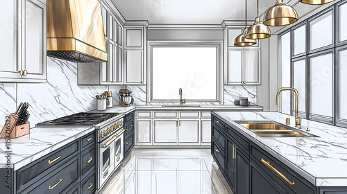 Chic and up-to-date kitchen featuring stylish monochrome cabinets, golden hardware, and marble backsplash. Quartz. Illustration