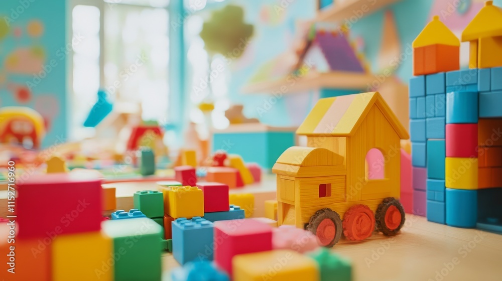 Fototapeta premium A creative building blocks scene in a children's educational center, Blocks arranged in educational patterns, Educational creativity style