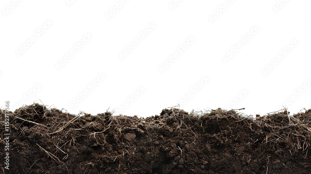 Fototapeta premium White background with a significant dirt pile of soil standing out, Pure earthy substance in a simple setting, Dirt pile showing natural texture and color of soil, Earthy element on plain white