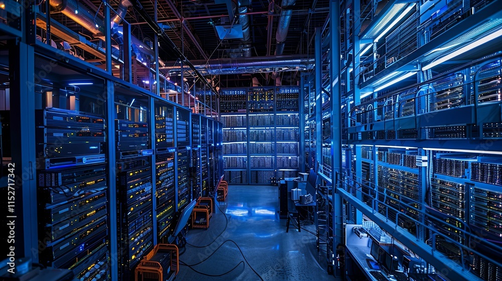 Fototapeta premium Immense Server Room: Rows of High-Tech Data Processing Equipment