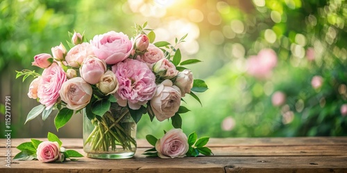 Fototapeta Naklejka Na Ścianę i Meble -  Pastel pink roses and peonies arranged in a vase on a wooden table