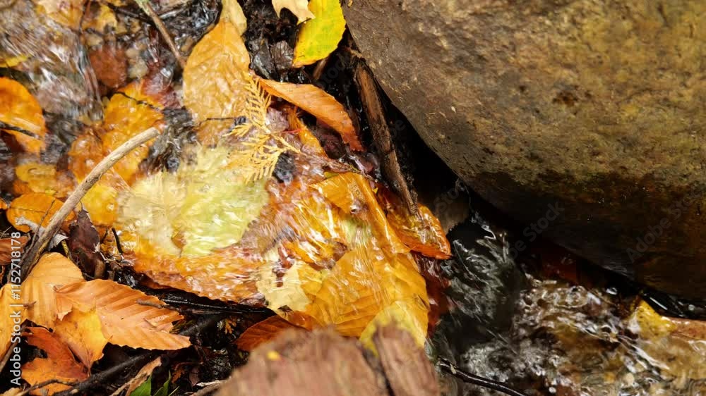 Close Up of Bubbling Brook Flowing Over Stones and Colorful Leaves in the Autumn Woods