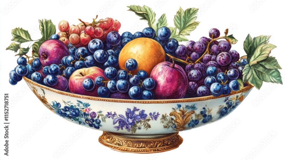 Colorful fruit bowl with grapes, apples, plums, and blueberries. Colorful fruit bowl with grapes, apples, plums, and blueberries.