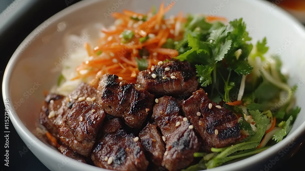 Grilled beef cubes with fresh vegetables and noodles in a bowl. Grilled beef cubes with fresh vegetables and noodles in a bowl.