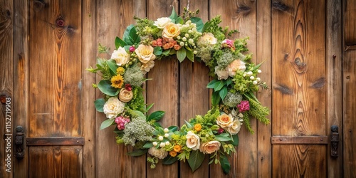 Vintage floral wreath with laurel leaves and flowers on a wooden door, summer blooms, home decor inspiration