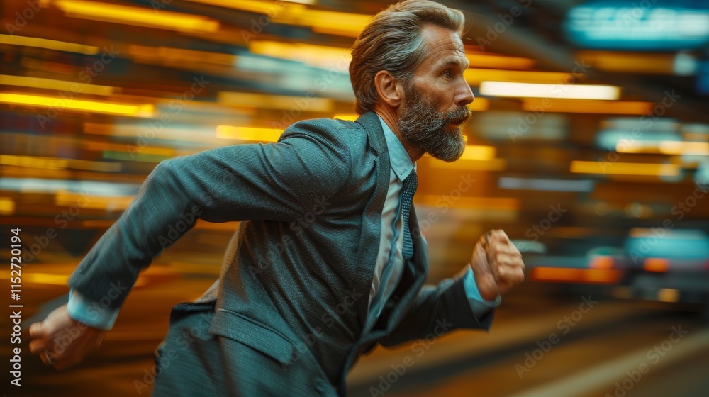A businessman runs through a city at night, blurred lights in the background.