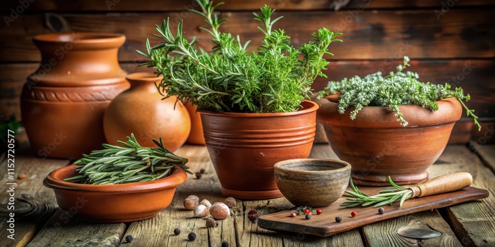A fragrant bunch of fresh rosemary and thyme sprigs scattered on a rustic wooden table surrounded by terracotta pots and earthenware ceramics, rosemary, herb garden A fragrant bunch of fresh rosemary and thyme sprigs scattered on a rustic wooden table surrounded by terracotta pots and earthenware ceramics, rosemary, herb garden