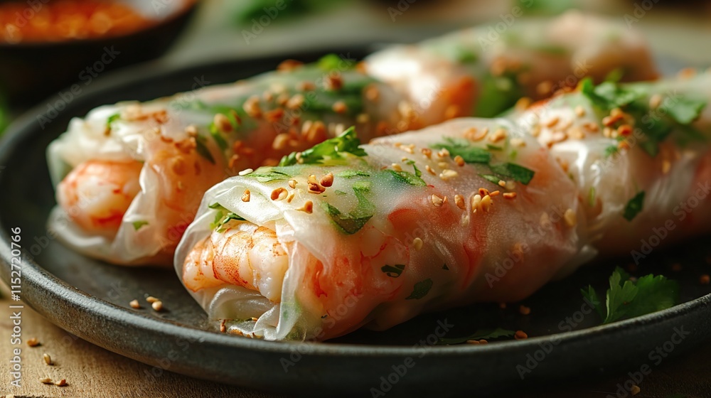 Three fresh shrimp spring rolls on a dark plate, garnished with sesame seeds and cilantro. Three fresh shrimp spring rolls on a dark plate, garnished with sesame seeds and cilantro.