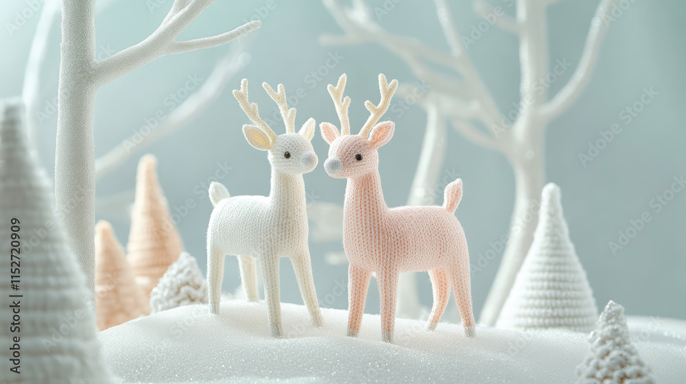 Obraz premium A serene scene of two pastel reindeer standing proudly on a yarn-textured hill, framed by softly glowing knitted trees.
