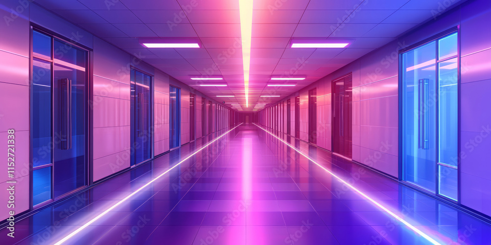 A long and wide corridor with neon lights, the walls have windows on both sides of it, generative AI A long and wide corridor with neon lights, the walls have windows on both sides of it, generative AI