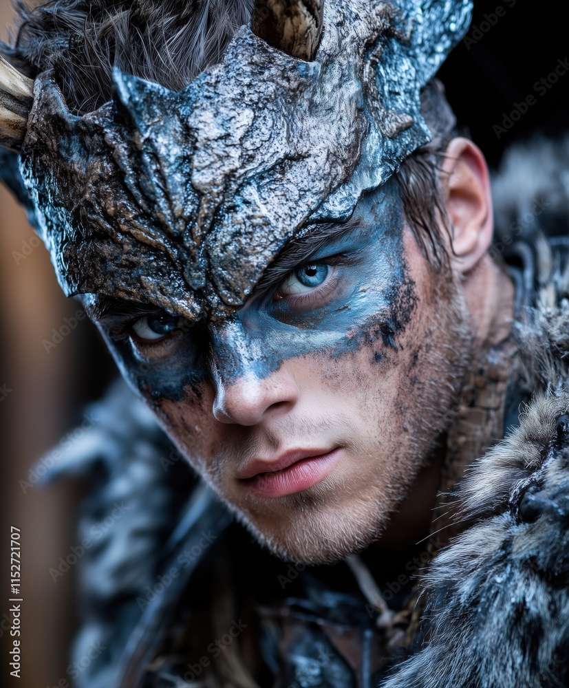 Close-up portrait of a fantasy warrior with icy face paint and a textured dragon-themed helmet Close-up portrait of a fantasy warrior with icy face paint and a textured dragon-themed helmet