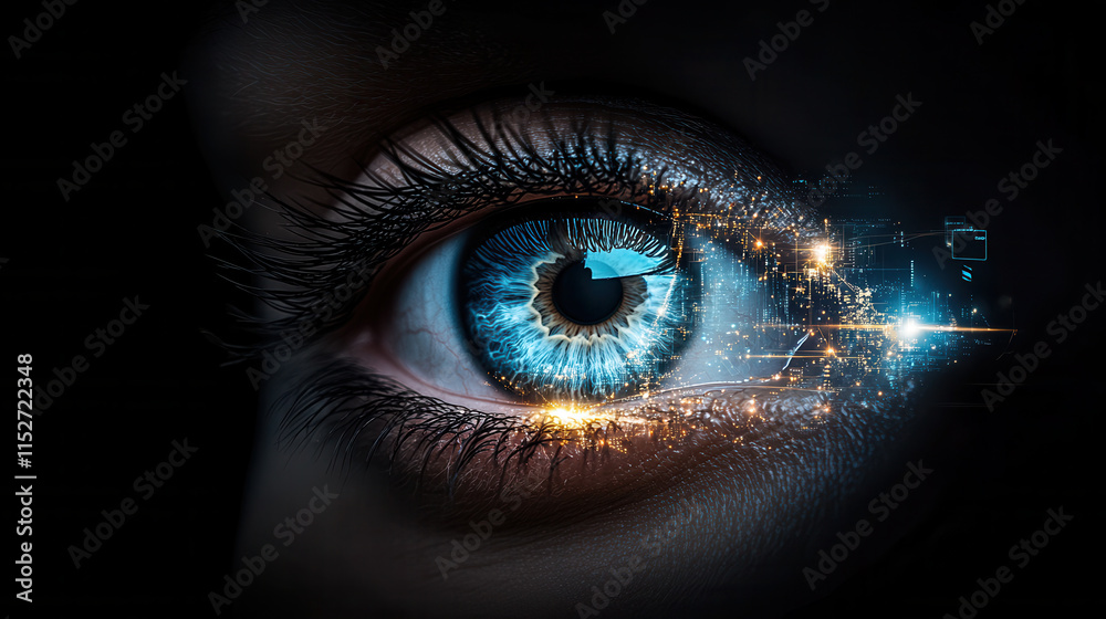 Fototapeta premium close up of human eye with glowing iris and digital elements, showcasing technology and beauty