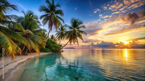 Tropical beach scene with palm trees and crystal-clear waters at sunset, palm trees, beach,  palm trees, beach
