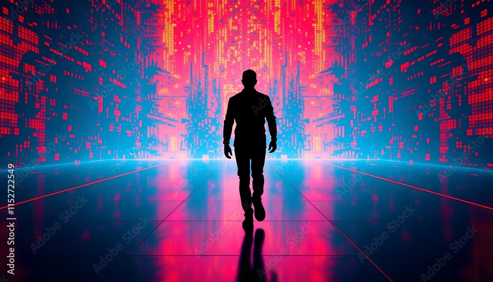 Wanderer in the Future: Man Exploring a Surreal Digital Landscape of Red and Blue Glow Wanderer in the Future: Man Exploring a Surreal Digital Landscape of Red and Blue Glow