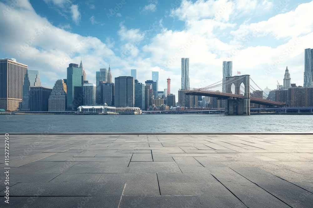 Cityscape with bridge and waterfront plaza. Cityscape with bridge and waterfront plaza.
